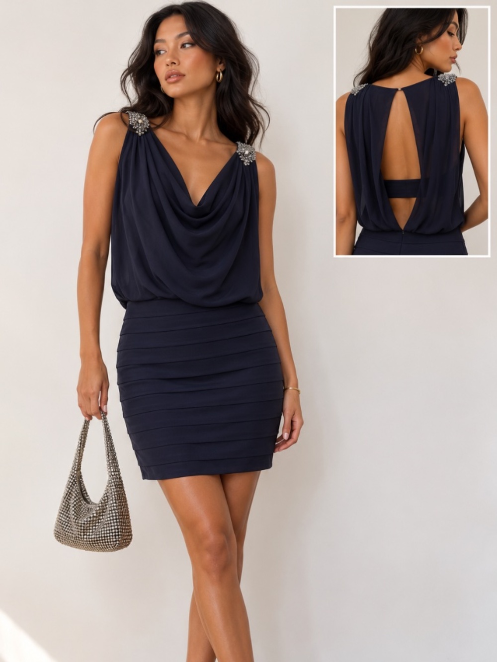Cache Dark Grey Beaded Cocktail Dress
